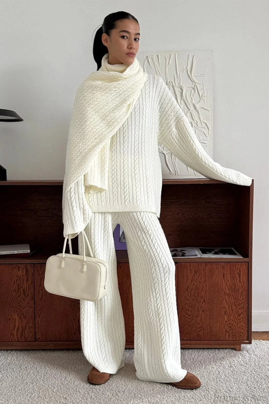 Soft Cable Knit Sweater Pants Two Piece Set White / S