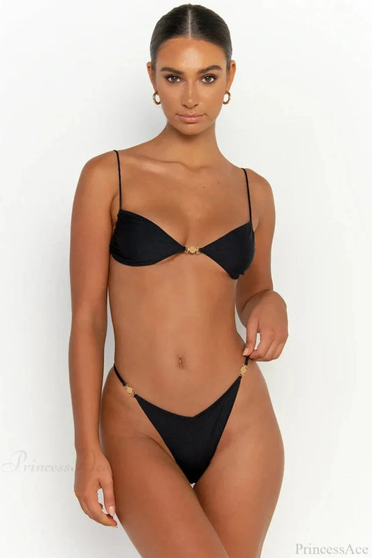 Solid Bikini Set Women Swimsuit With Ties Bikini Set black / S