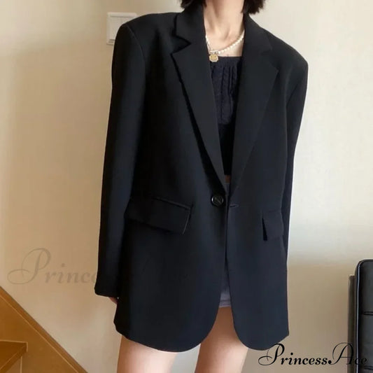 Solid Color Commuting Korean Autumn Spring Oversize Loose Button Blazer Black / S