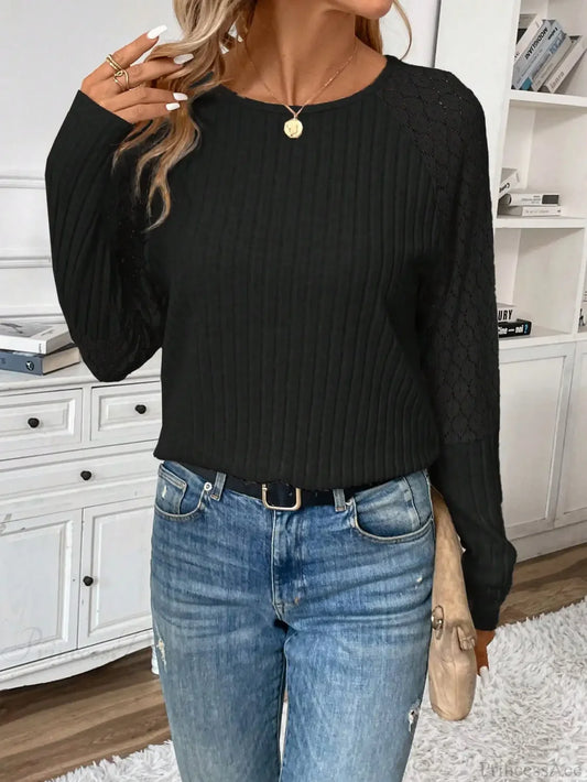 Solid Color Design Sense Knitted Long Sleeve Top Women BLACK / XS knittop-250126