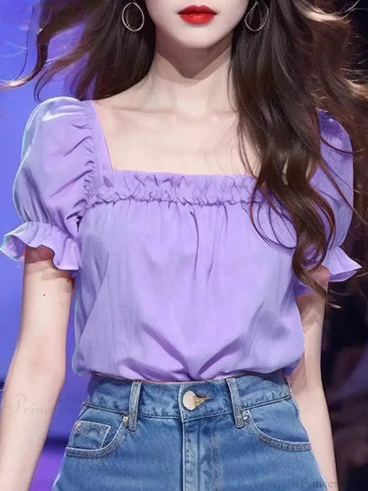Solid Color Ruffled Square Neck Short Sleeve Blouse blouse-250126