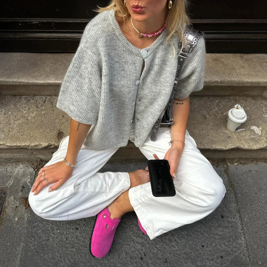 Solid Color Short Sleeve Button Cardigan GRAY / S