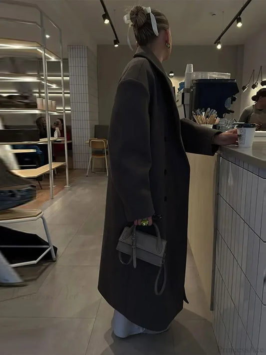 Solid Double-Breasted Turn-Down Overcoat