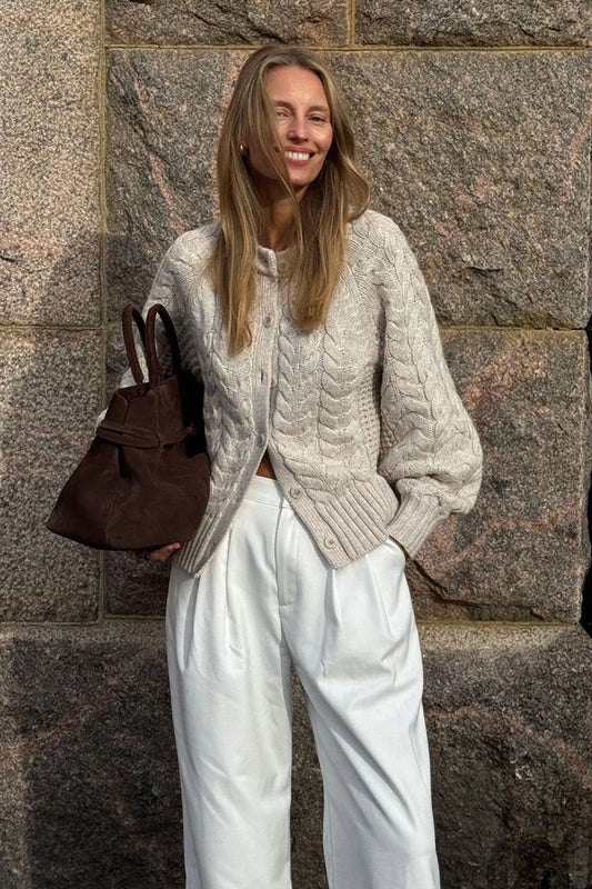 Solid Elegant Crewneck Cable Short Cardigan Sweater