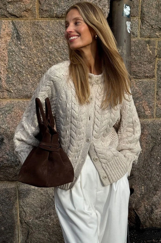 Solid Elegant Crewneck Cable Short Cardigan Sweater Grey / S