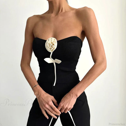 Solid Elegant Sleeveless Strapless Casual Flower Tube Crop Top Black / S croptop-250126