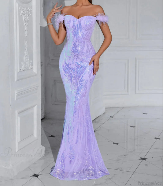 Solid Faux Feather Off-Shoulder Party Dress Partydress-241208