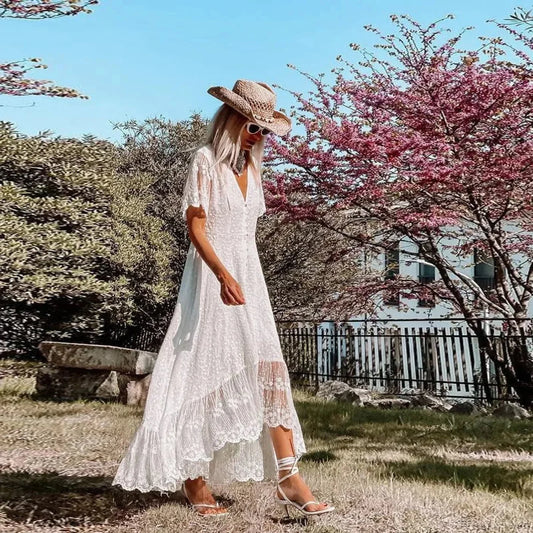 Solid Floral Short Sleeve Boho Dress bohodress-250126