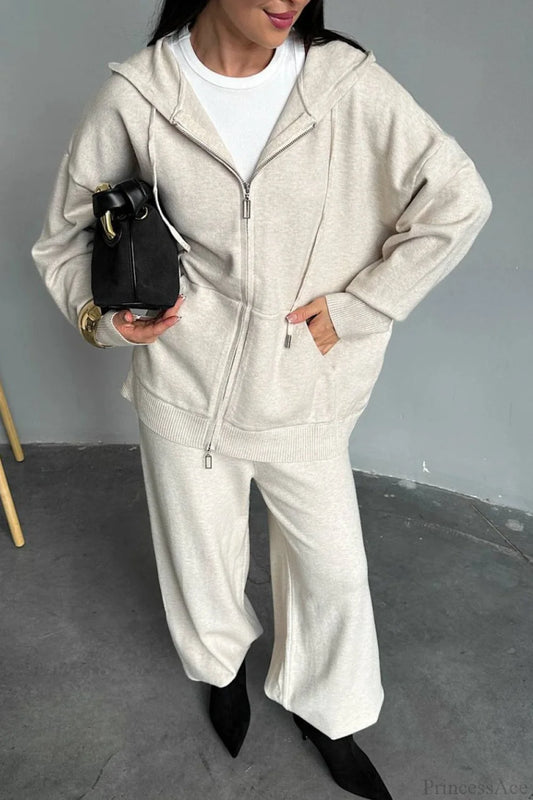 Solid Knit hooded Straight-Leg Two Piece Set Apricot / S