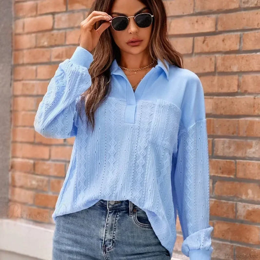 Solid Lapel Pullover Knit Blouse Elegant Blouse blouse-250126