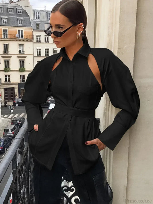 Solid Lapel Single Breasted White Blouse blouse-250223