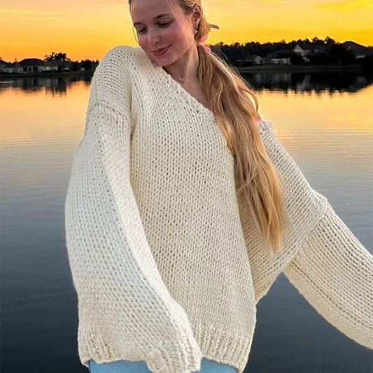 Solid Loose V-Neck Off-Shoulder Sweater Apricot / S