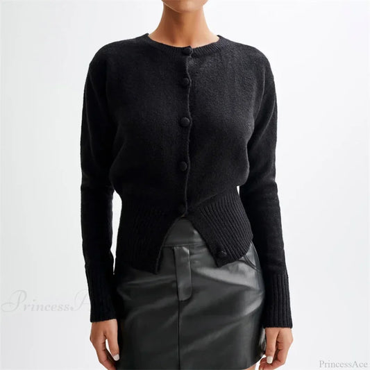 Solid Round Neck Single Breasted Y2K Style Knit Cardigan Black / S cardiagn-250126