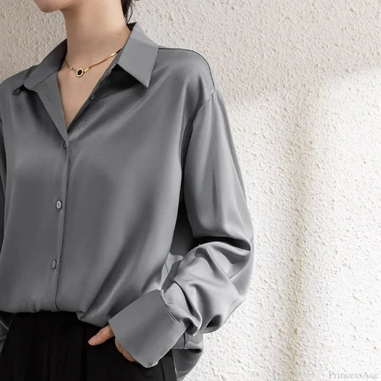 Solid Satin Drape Loose Long Sleeve Office Lady Blouse blouse-250126