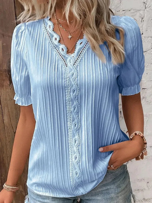 Solid Sexy V-neck Splice Short Sleeve Blouse SKY BLUE / S blouse-250126