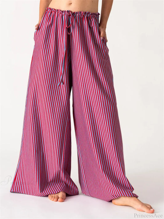Solid/Striped Baggy Drawstring Casual Wide Pant PINK / S pant-250223
