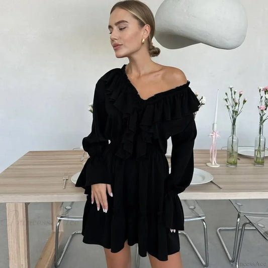 Solid White Cotton Rayon Long Sleeve Ruffle Dress Black / S bohodress-250126