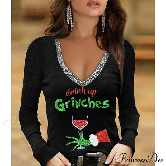 Sparkly 3D Painting Shirt Green Wine / Christmas Regular T Weekend Design V Fuchsia Tee Women’s