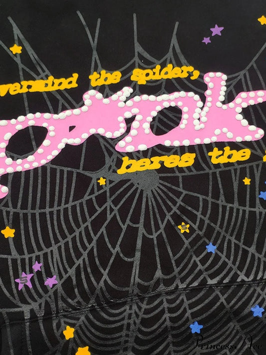 Spider Web Letter Print Fleece Cotton Thick Hoodie