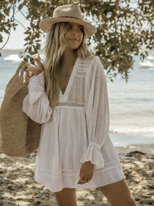 Spliced Lace V-Neck Long Sleeve Cover Up WHITE / One Size