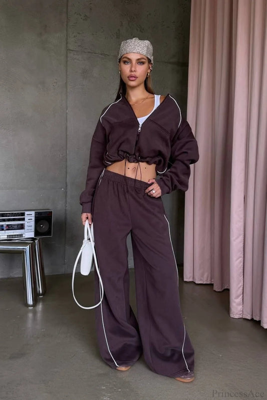 Sporty Color Block Hooded Straight-Leg Pants Two Piece Set Brown / S