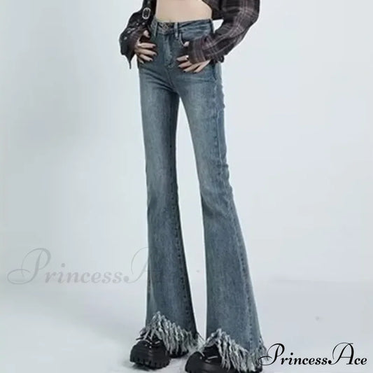 Spring And Autumn Vintage Blue Tassel Elastic Horseshoe Rugged Edge Micro Horn Jean Retro / Xs