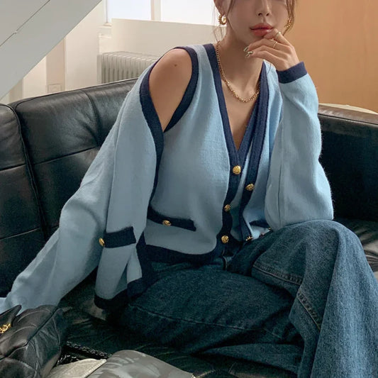 Spring V-neck Long Sleeve Knitted Cardigan Blue / One Size