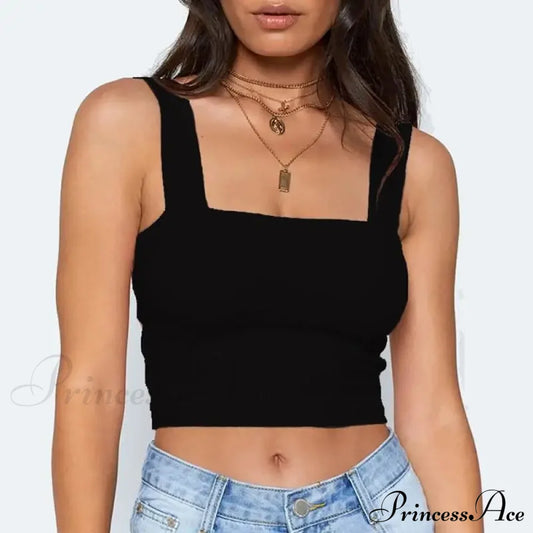 Square Neck Sleeveless Summer Crop Women Black Casual Basic T Shirt Off Shoulder Cami Sexy Backless
