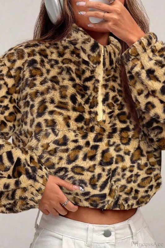 Stand Collar Half-Zip Leopard Print Cropped Fuzzy Coat Brown / S