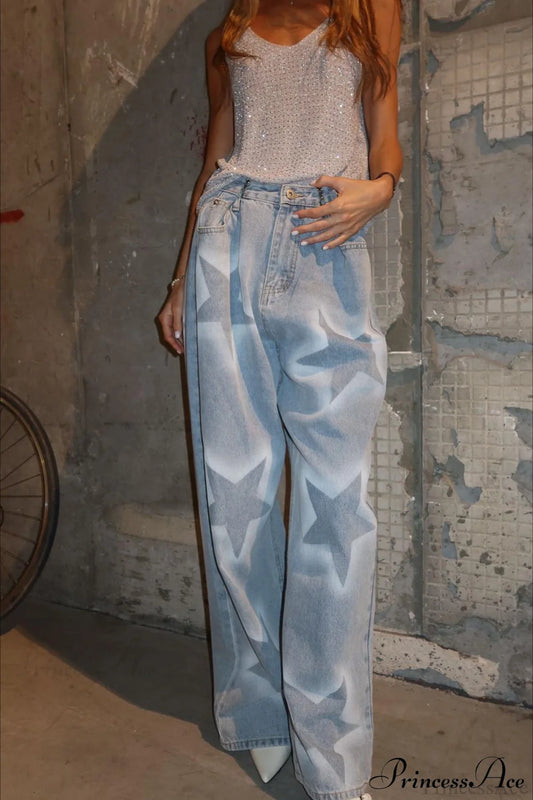Star Print Loose Straight Waist Adjuster Jeans Blue / S
