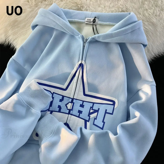 Star Print Retro Zipper Hoodie blue / M
