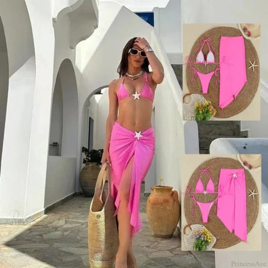 Starfish Thong Bikini Set Three Piece Swimsuit pink / S