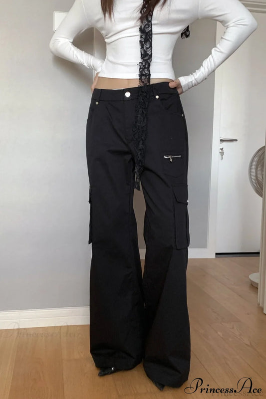 Straight-Leg Multi-Pocket High-Waisted Cargo Pants Black / S