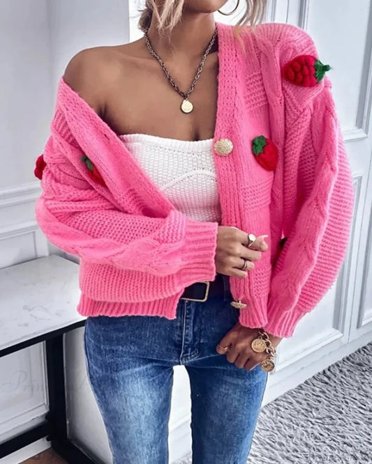 Strawberry Print Loose Fitting Knit Cardigan cardiagn-250126