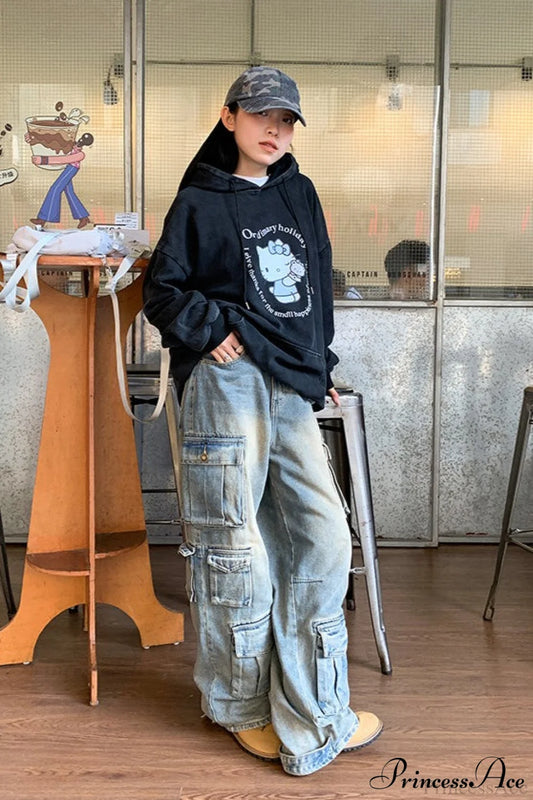 Street Denim Patchwork Pocket Cargo Pants Light Blue / S