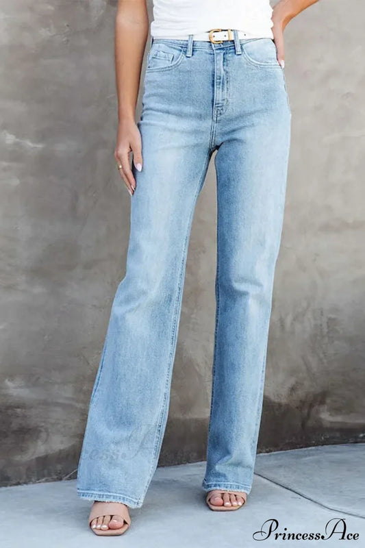 Stretch Blue High Waist Loose Wide Leg Vintage Fashionable Washed Straight Casual Jean / S