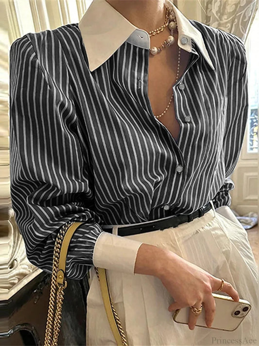 Stripe Patchwork Casual Long Sleeve Tunic Blouse Black / S blouse-250126