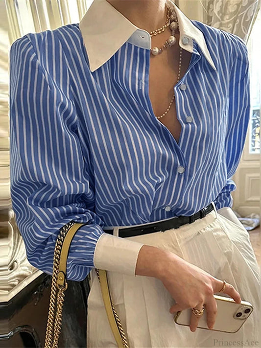 Stripe Patchwork Casual Long Sleeve Tunic Blouse Dark Blue / S blouse-250126