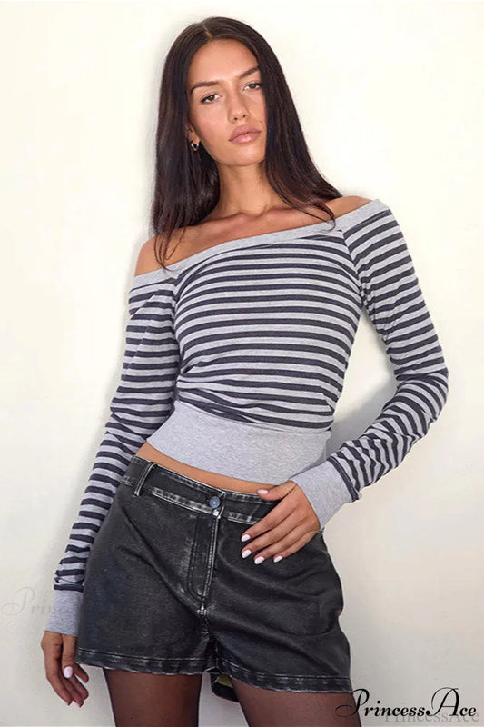 Striped Paneled Asymmetrical Neck Off Shoulder Short Long Sleeve Tee Black / S