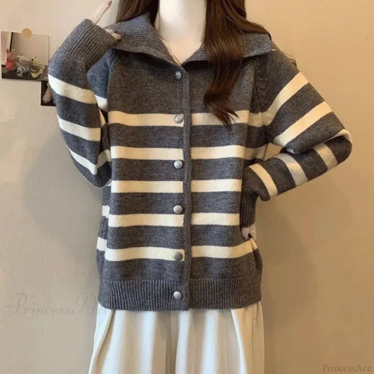 Striped Polo Collar Slimming Cardigan GRAY / S