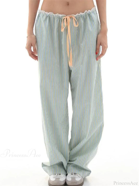 Striped Ruffles Drawstring Elastic Waist Casual Pant GRAY / S pant-250223