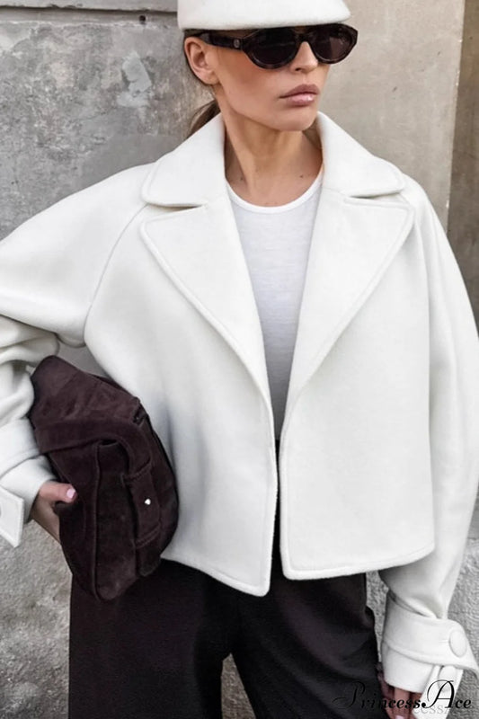 Stylish Notch-Lapel Loose Wool Short Coat White / S