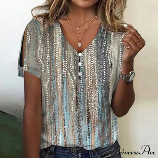Stylish V-Neck Buttoned Tee Blouses