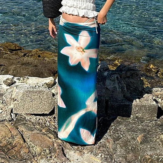 Summer Fashion Blue Print High Waist Maxi Skirt Club Skirt Blue / S skirt-250126