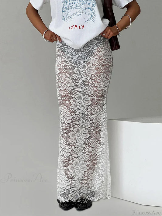 Summer Sexy Sheer Lace Floral Long Skirt Y2K Party WHITE / S skirt-250126