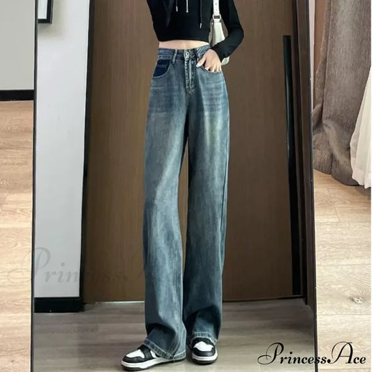 Summer Thin Vintage Blue High Waist Slim Pear Shaped Contrast Straight Leg Wide Jean