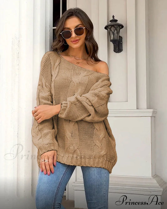 Women's loose knitted sweaters European and American round neck fashionable pullover sweaters Khaki clothes sweater sweaters top Tops
