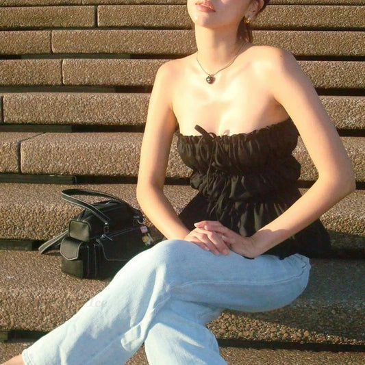 Sweet Ruched Tie Up Off Shoulder Sleeveless Slim Fit Y2K Strapless Crop Top croptop-250126