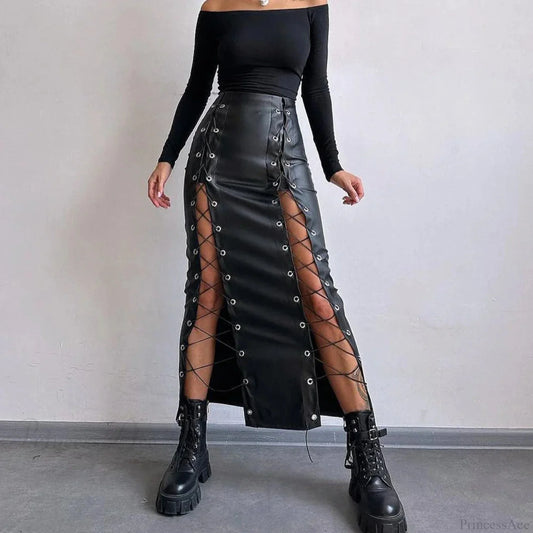 Synthetic Leather Patchwork Skirt Black / S