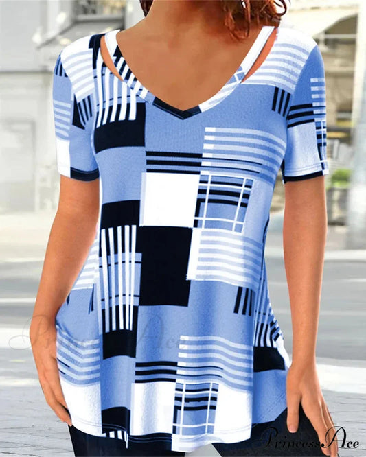 Check print V-neck T-shirt Blue 23BF clothes cotton and linen Short Sleeve Tops Spring Summer T-shirts Tops/Blouses